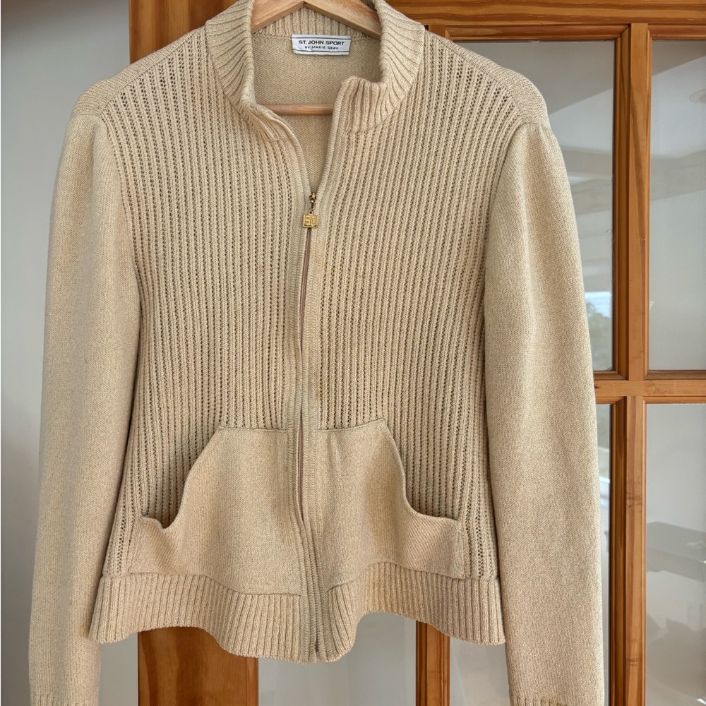 St. John Sport by Marie Wool Beige Zip-Up Cardigan Sweater SZ Med Gold Speckles